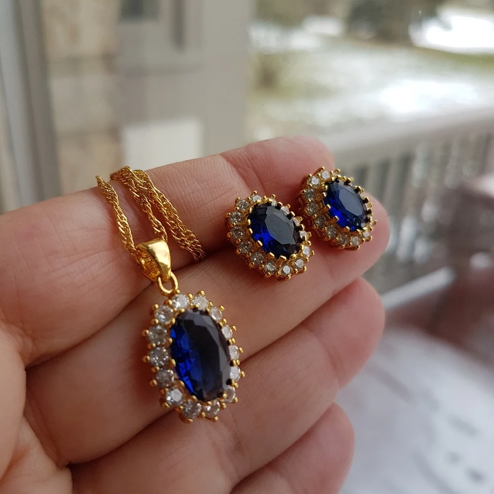 Swarovski Elements Gold 925 Sterling Silver Blue Sapphire Diana Oval Ring NEW